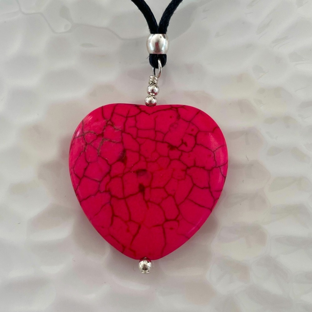 Handmade Bright Pink Stone Heart Necklace on 18โ Cord